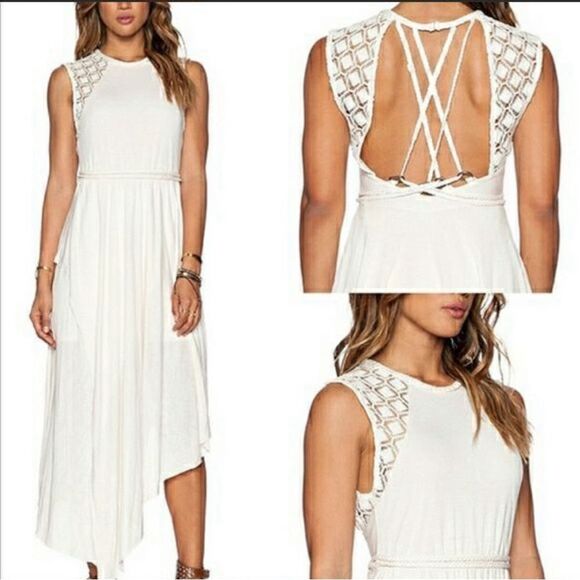 Free People ivory cross rope detail backless asymmetrical midi dress size small - Picture 2 of 12